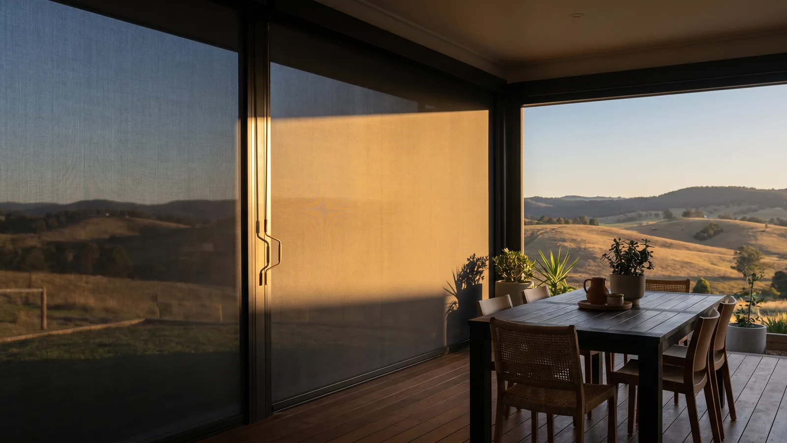 Alfresco entertaining area with track-guided outdoor blinds lowered against golden evening sun