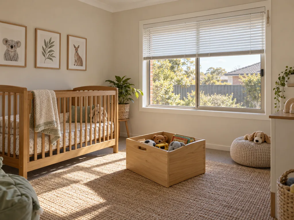 A child's bedroom in soft afternoon light. A timber cot stands against the left wall, well clear of the window, where a white venetian blind is partly lowered and a small cleat is fixed high on the frame. A low timber toy box sits on the rug in the middle of the floor.