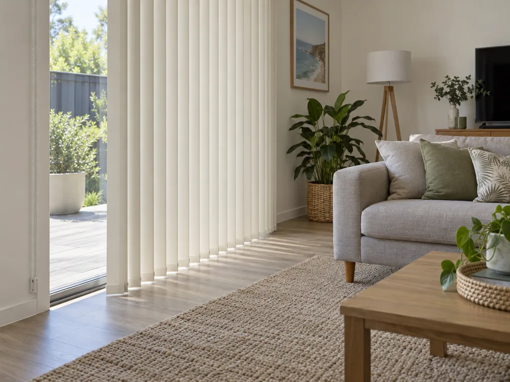 A living room with a sliding glass door covered by a pale vertical blind drawn to one side. A thin beaded chain runs down the door frame on the left, held at the bottom by a small fixing near the floor. A sofa and a coffee table stand well away from the door.