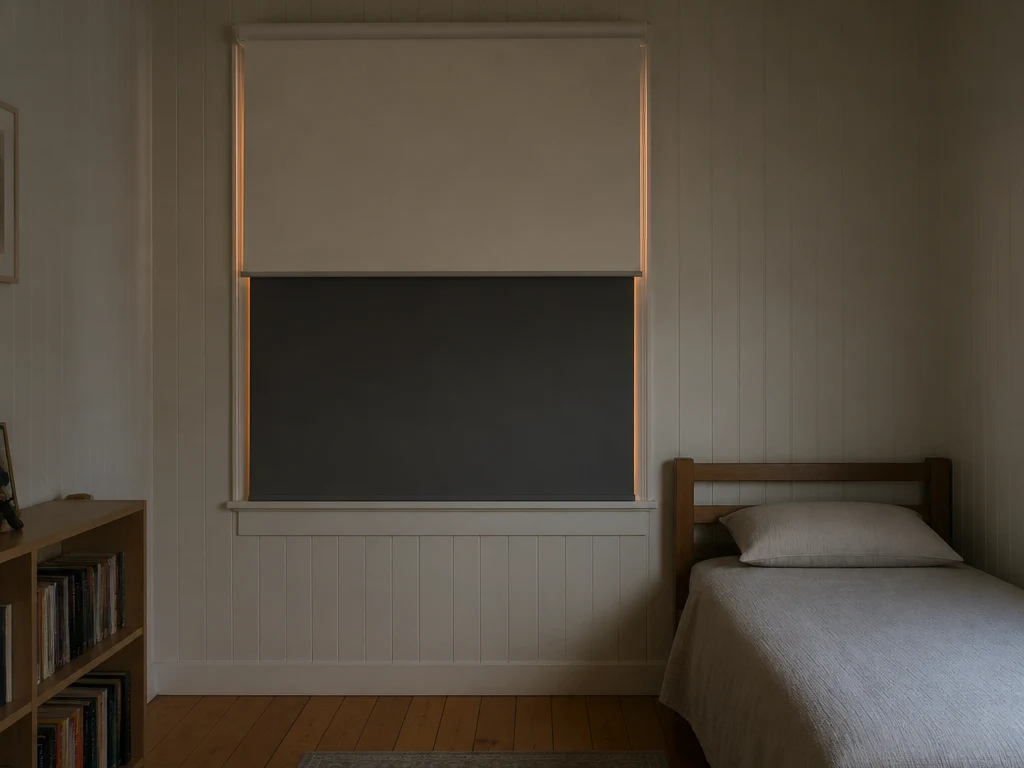 A child's bedroom at dusk, a charcoal blockout roller blind fully down with a faint glow at its edges, a cream light-filtering blind half down in front, a made single bed against the side wall.