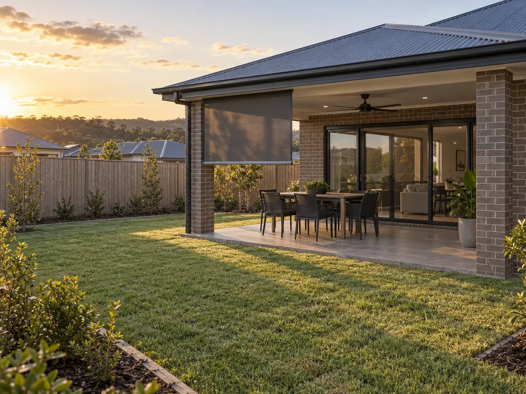 A new brick house on a fresh estate in late afternoon, low sun from the west across a young lawn, a covered alfresco with an outdoor blind part-lowered on one side and bare sliding glass doors behind the table