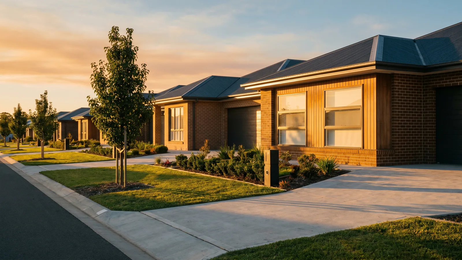 New estate street in Maitland's growth corridor, late afternoon