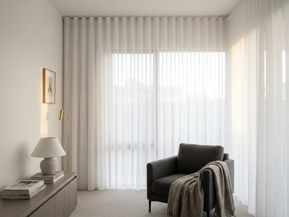 Living room with sheer curtains diffusing bright afternoon light over a linen sofa