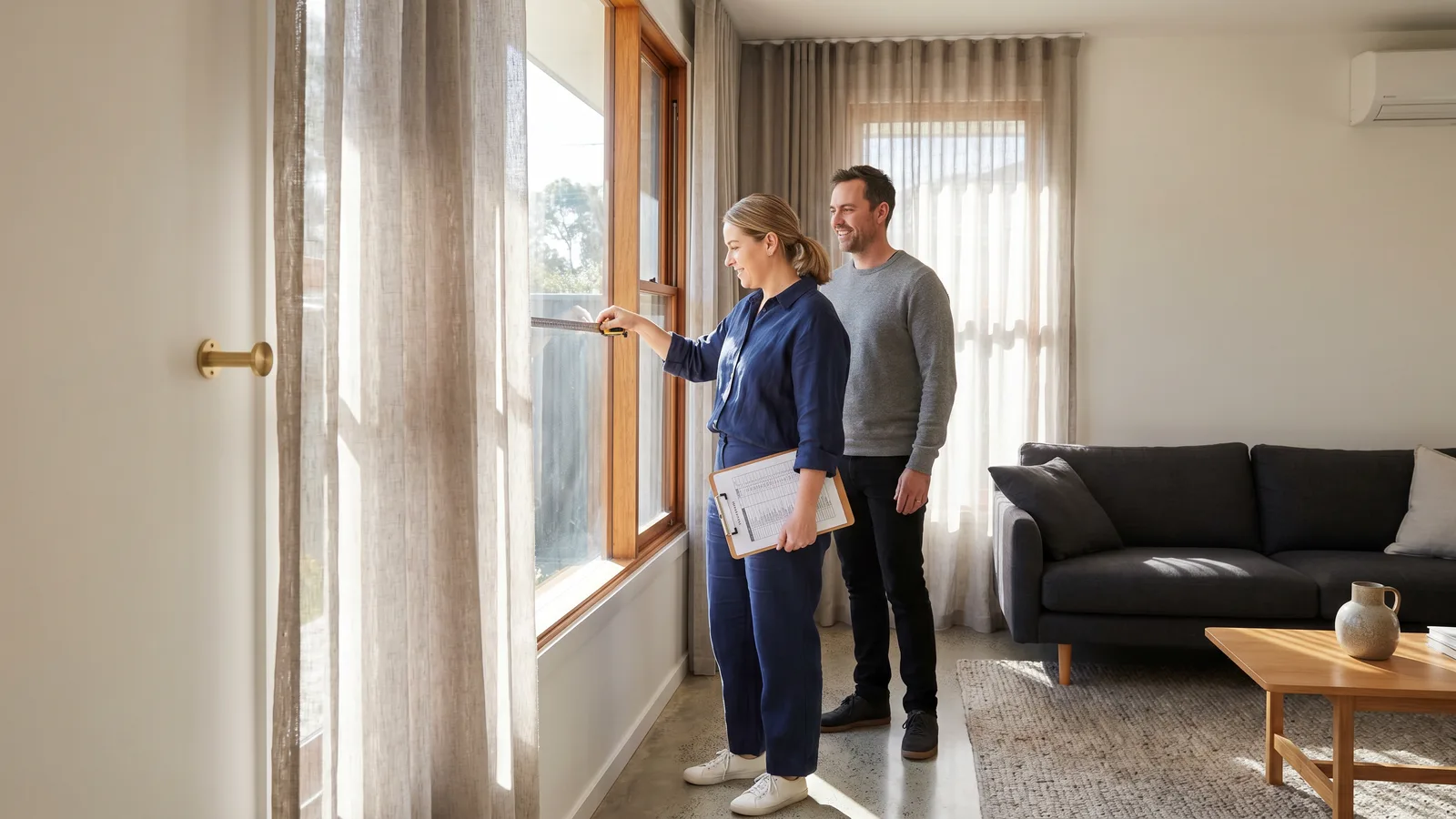 A consultant measuring a living room window with a steel tape while the homeowner watches