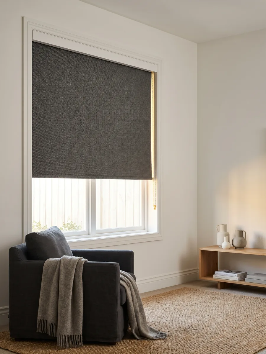 Charcoal blockout roller blind fitted inside a deep window reveal, control chain catching the light