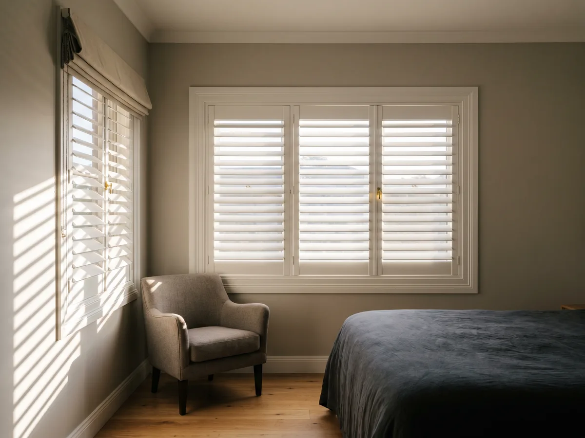 White plantation shutters with louvres half open, throwing bars of afternoon light across a bedroom wall