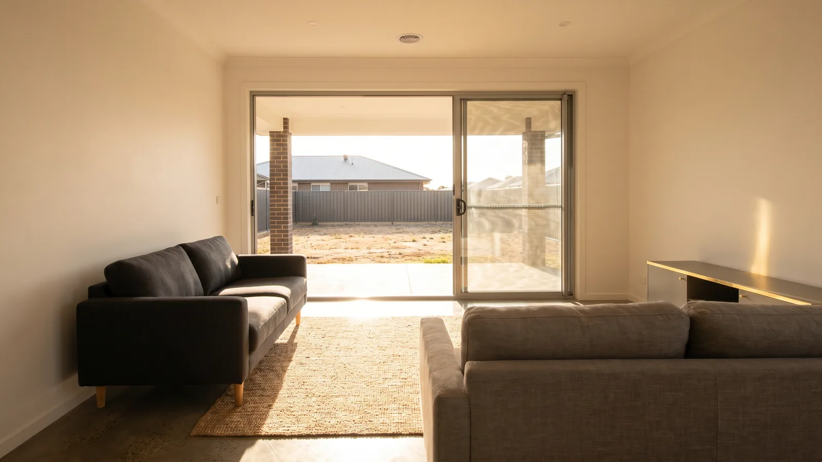 Bare west-facing sliding glass door letting hot afternoon sun into a new living room